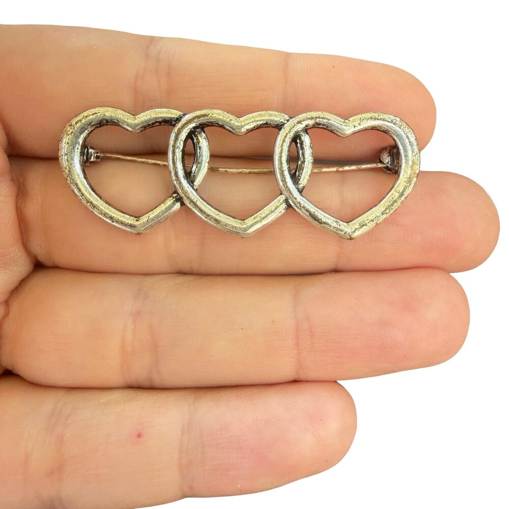 Vintage Jewelry Triple Heart Brooch Silver Hearts Pin 3 Heart Jewelry